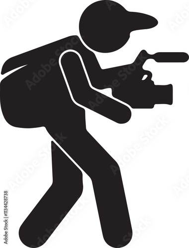 An illustration of a stickman cameraman operating a film camera, designed in silhouette style