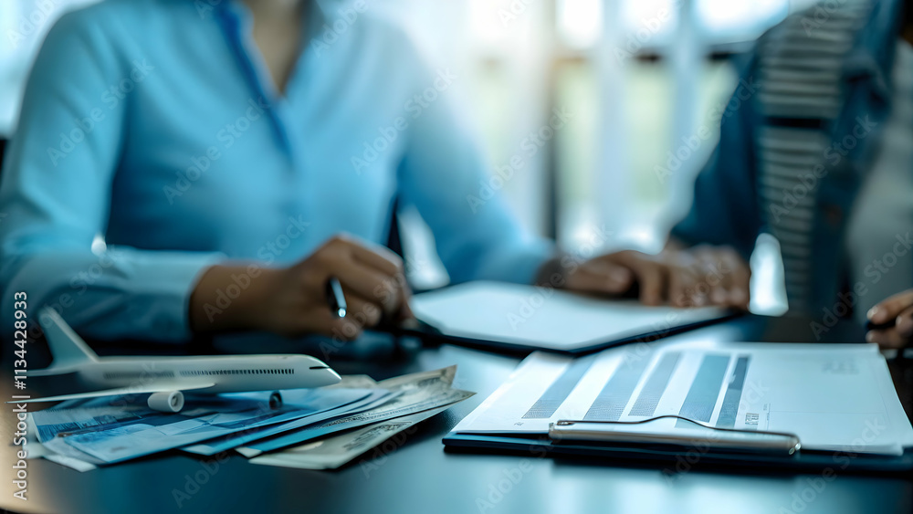 Travel Consultant Negotiating Travel Packages and Rates with Clients at Desk Plain Background