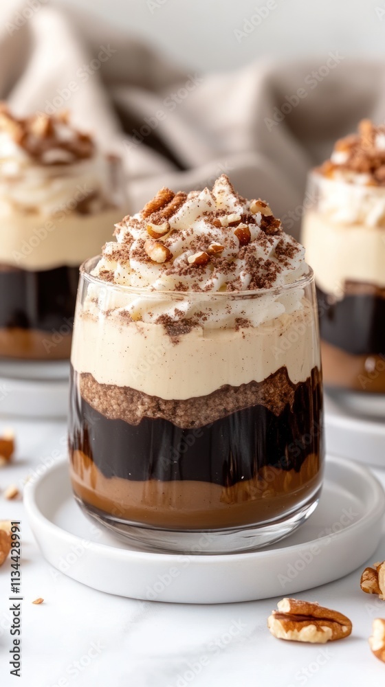 A delicious layered dessert featuring chocolate, cream, and nuts in a glass. A delicious layered dessert featuring chocolate, cream, and nuts in a glass.