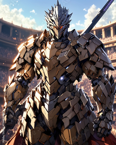 golden armored warrior wielding a radiant sword in a grand cathedral under celestial light