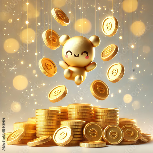 3D Soft abstract image of gold coins raining down with a subtle bokeh background and copy space below. concept as Gold coins softly cascade downward against a subtle bokeh background symbolizing wealt photo