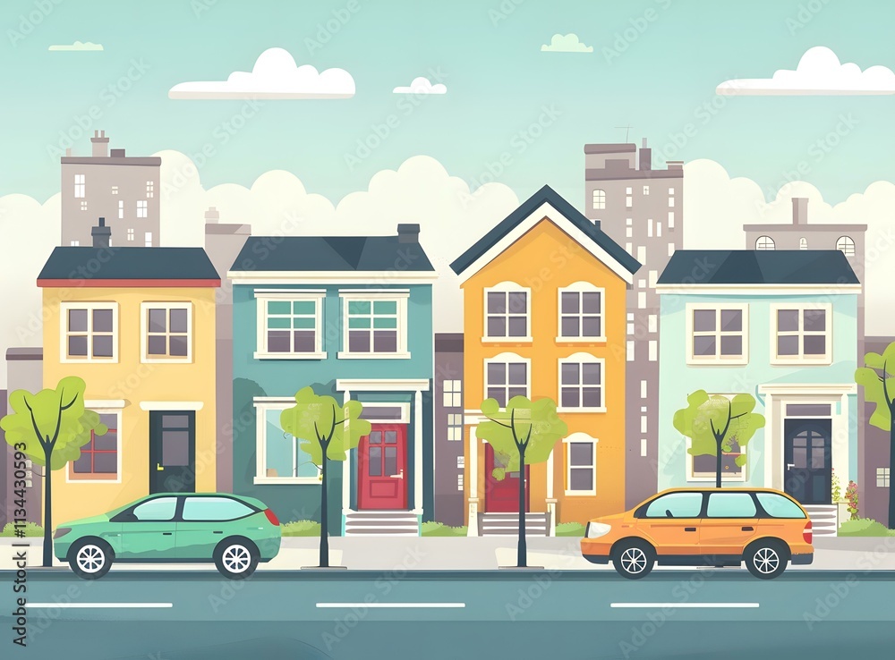 Fototapeta premium Colorful Suburban Houses Street View Illustration