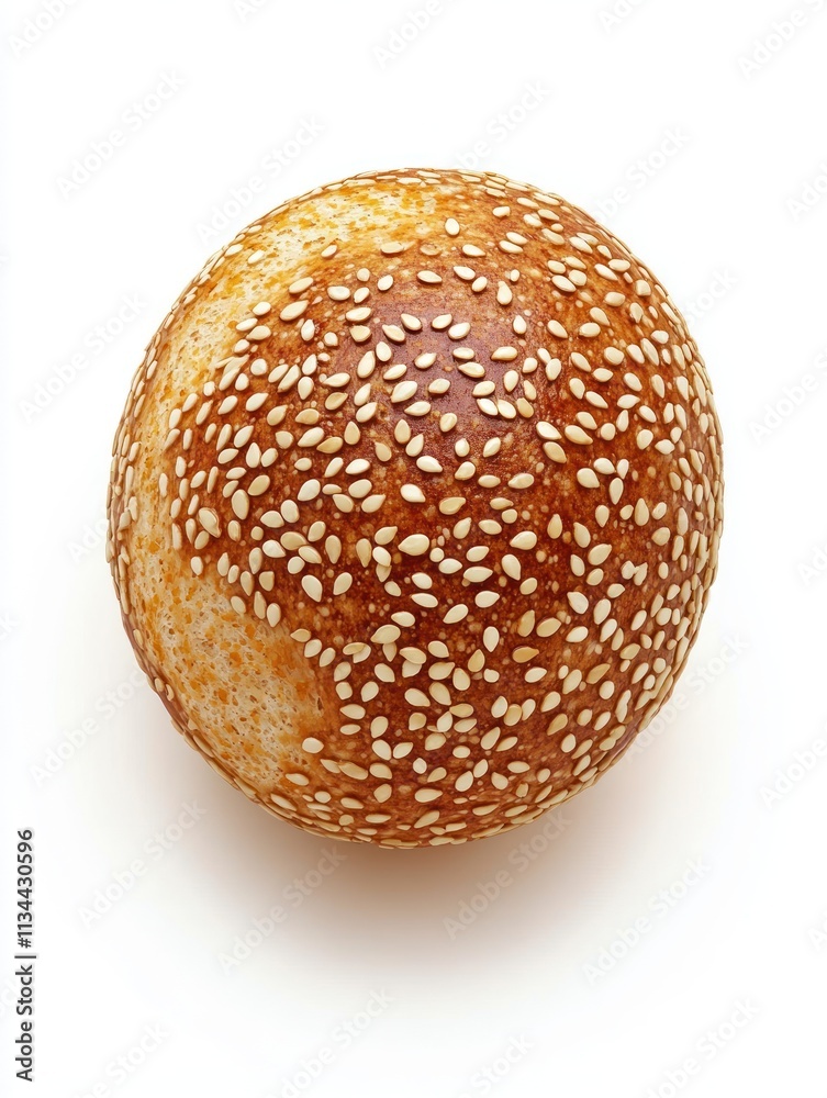 A round, sesame-seed topped bread roll with a golden-brown crust. A round, sesame-seed topped bread roll with a golden-brown crust.