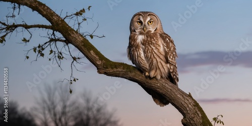 Wise owl perched on tree branch at twilight photo