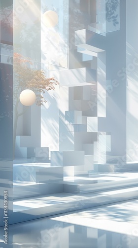 3D rendering of a modern architectural space with glass walls and geometric shapes