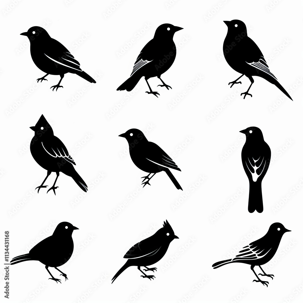 Bird icon set, black and white sparrow symbols, bird sign collection, wild animal pictograms on white Bird icon set, black and white sparrow symbols, bird sign collection, wild animal pictograms on white