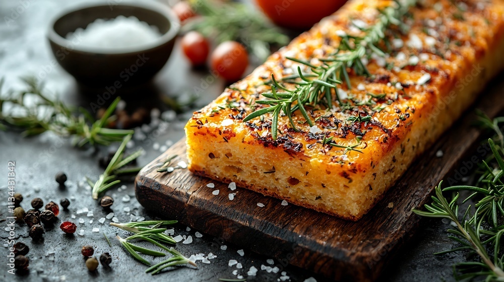 Freshly Baked Focaccia Bread with Rosemary and Sea Salt on Wooden Board Freshly Baked Focaccia Bread with Rosemary and Sea Salt on Wooden Board