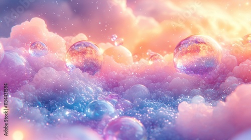 Dreamy pastel clouds and bubbles reflecting sunlight create a magical atmosphere at sunset in an ethereal landscape photo