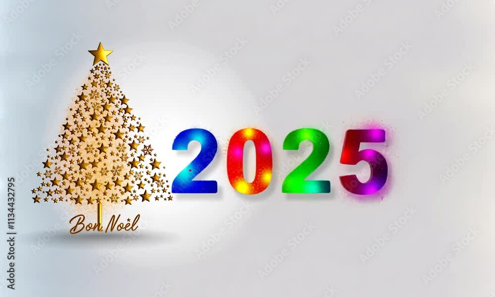 transformation d’un sapin doré étoilé avec texte « Bon Noël » en texte coloré « Bonne année 2025 », ambiance lumineuse et joyeuse. Textes en français