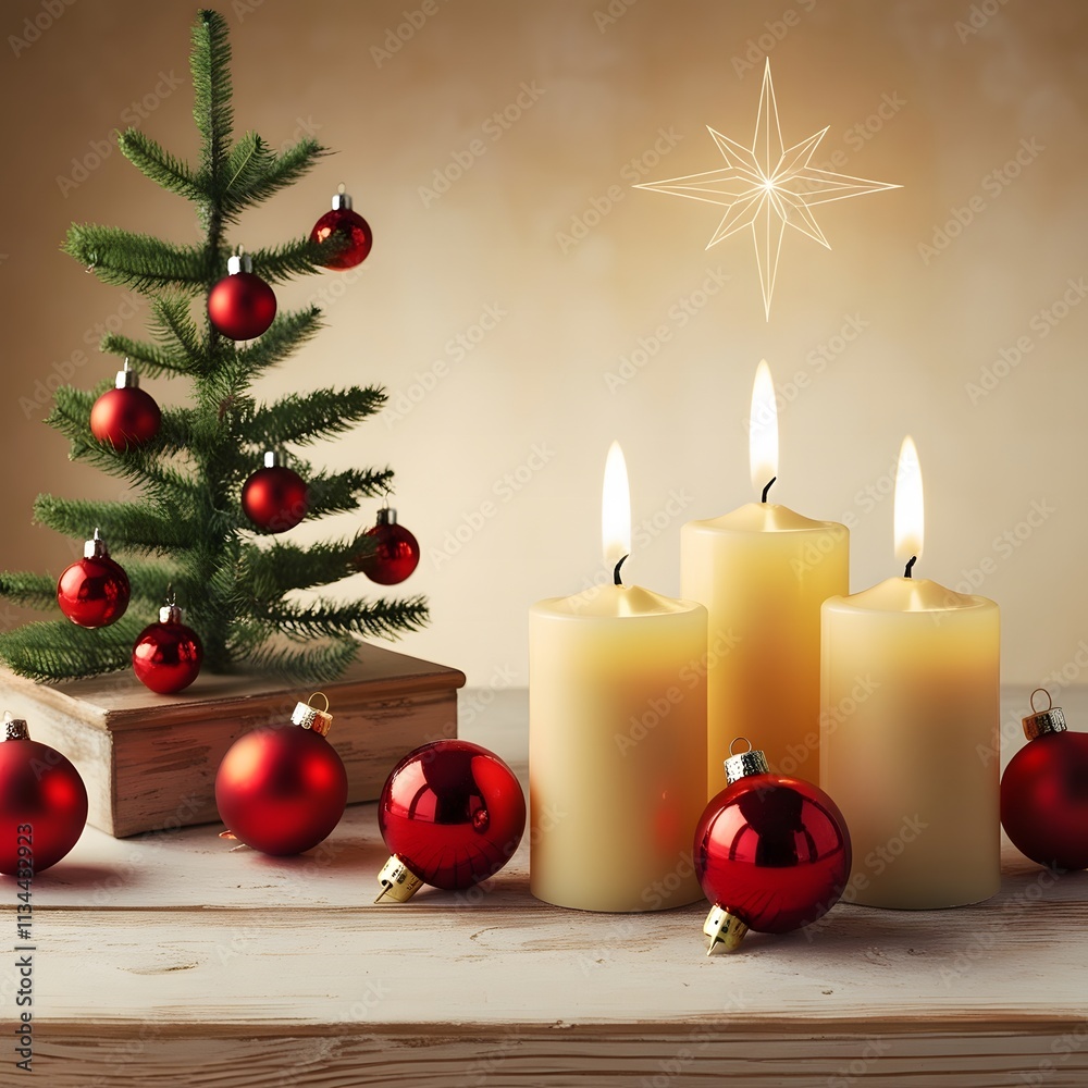 Christmas Background - Advent Candles, Greeting Card, 3. Advent decoration with star and tree, red balls on light rustic wood, friendly warm Xmas backdrop with copy space, banner, header, panorama 