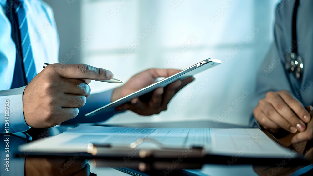 Healthcare Financial Advisor Negotiating with Suppliers Using Documents and Tablet on Plain Background for Strategic Cost Management Healthcare Financial Advisor Negotiating with Suppliers Using Documents and Tablet on Plain Background for Strategic Cost Management