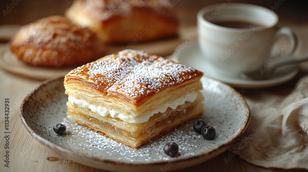 Delicate Puff Pastry with Cream and Powdered Sugar in Quaint Caf Setting Symbolizing Refined Indulgence Delicate Puff Pastry with Cream and Powdered Sugar in Quaint Caf Setting Symbolizing Refined Indulgence
