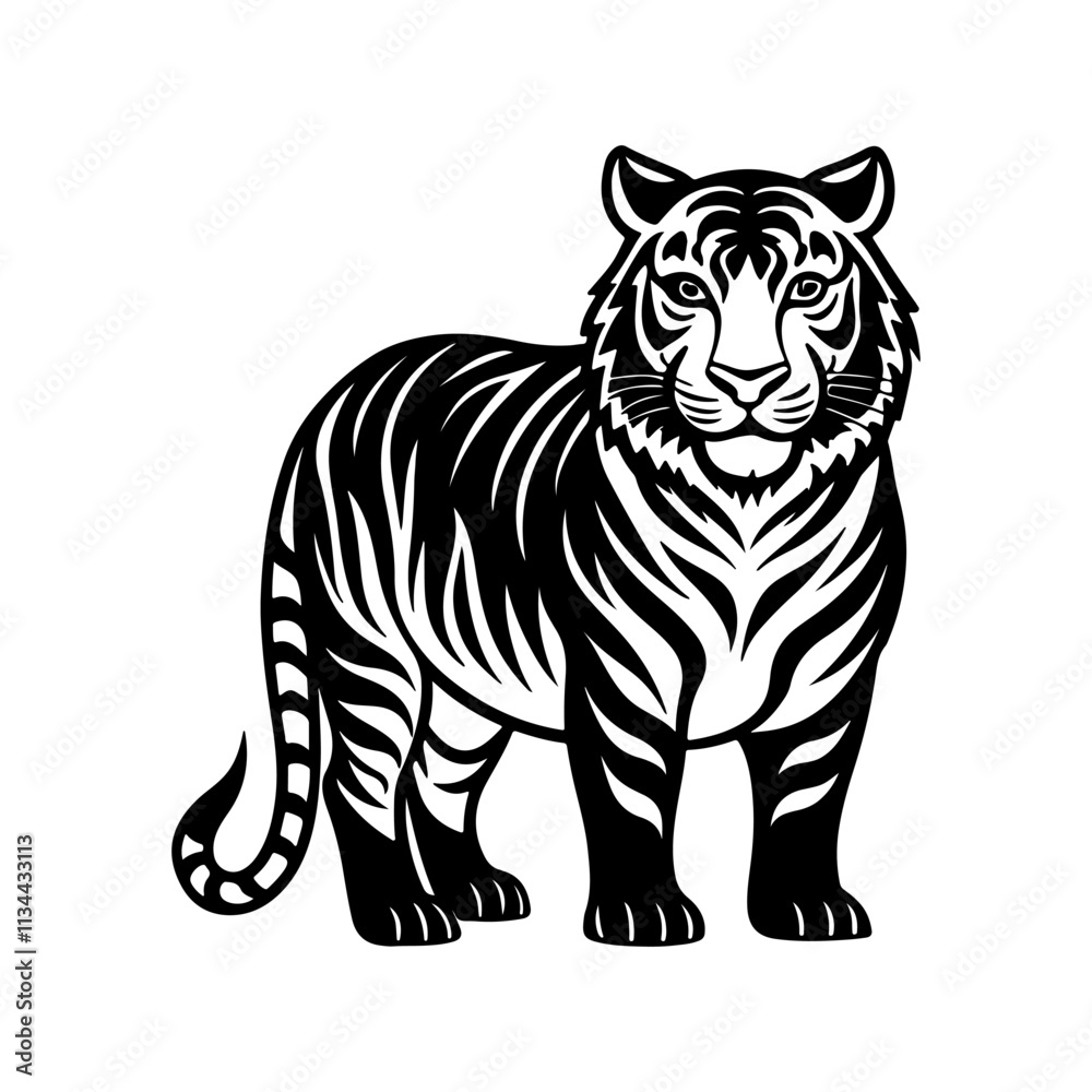 tiger silhouette, black and white silhouette, vector and illustration
