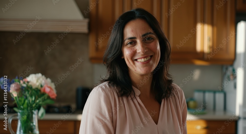 Smiling hispanic adult female in cozy kitchen setting for lifestyle concepts Smiling hispanic adult female in cozy kitchen setting for lifestyle concepts