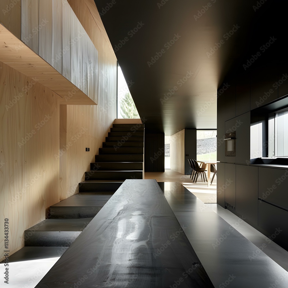 Obraz premium Modern Home Interior Design With Black and Wooden Elements