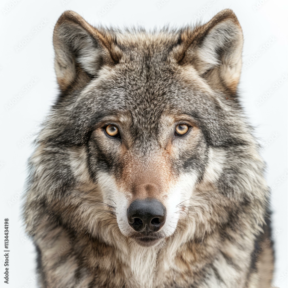 Fototapeta premium Eurasian wolf staring intensely, creating a captivating portrait against a clean white backdrop