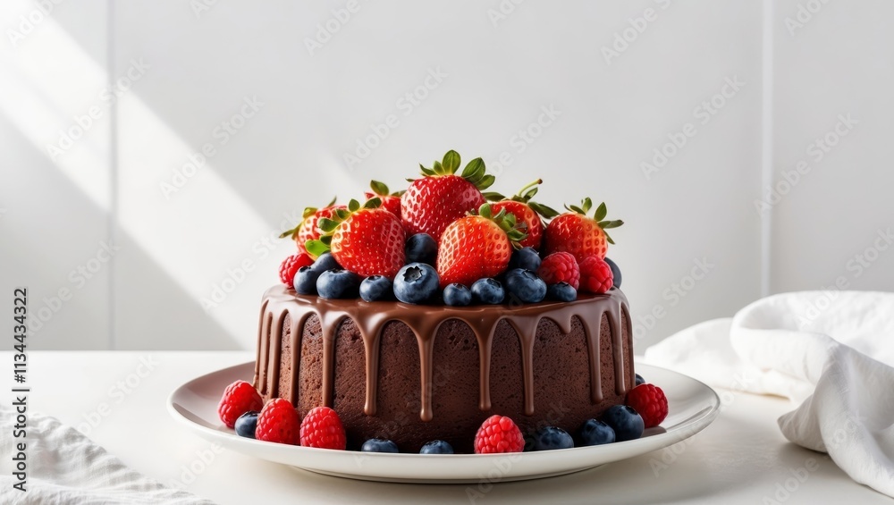 Freshly baked chocolate cake with berries on plate with copy space