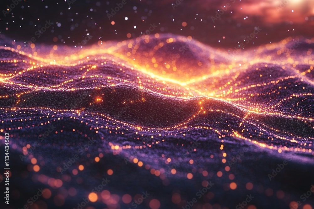 Obraz premium A purple and orange landscape with a lot of glowing dots