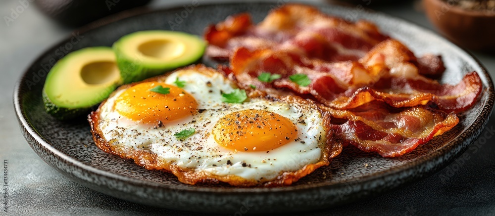 Delicious fried eggs, crispy bacon, and avocado slices on a plate. Delicious fried eggs, crispy bacon, and avocado slices on a plate.