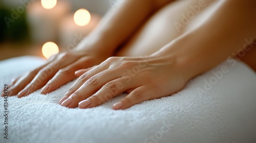 Wallpaper Mural Close-up of hands resting on a soft towel, creating a serene spa atmosphere. Torontodigital.ca
