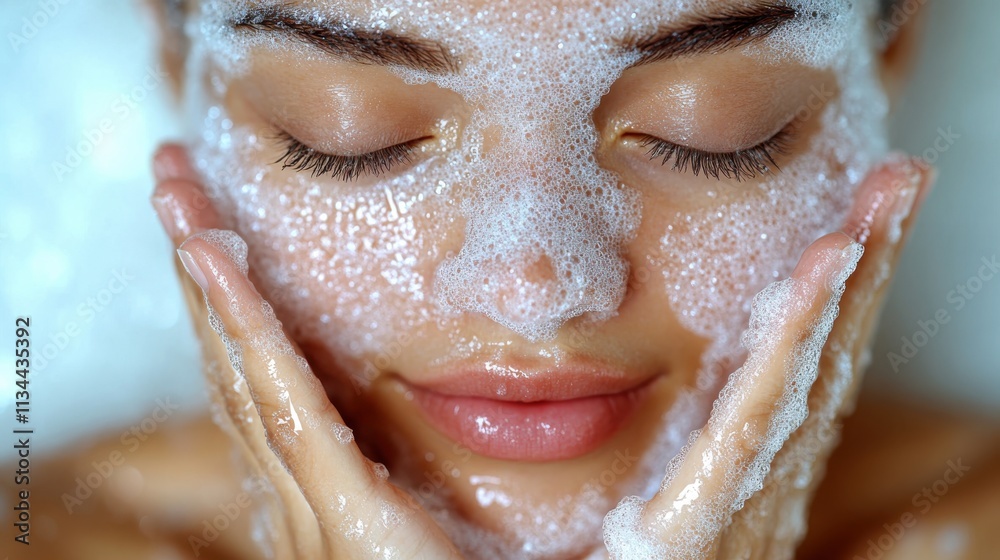 A close-up of a woman with a foamy facial treatment, emphasizing skincare and relaxation. A close-up of a woman with a foamy facial treatment, emphasizing skincare and relaxation.