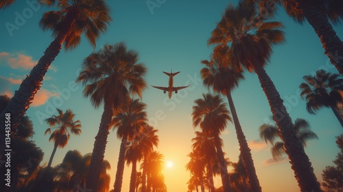 An airplane flying among palm trees against a sunset sky background