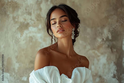 A beautiful woman with dark hair in an elegant white dress poses for the camera