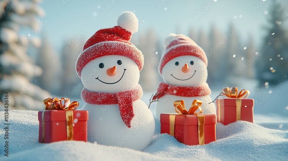 Christmas happy snowman with gifts in winter landscape background Christmas happy snowman with gifts in winter landscape background