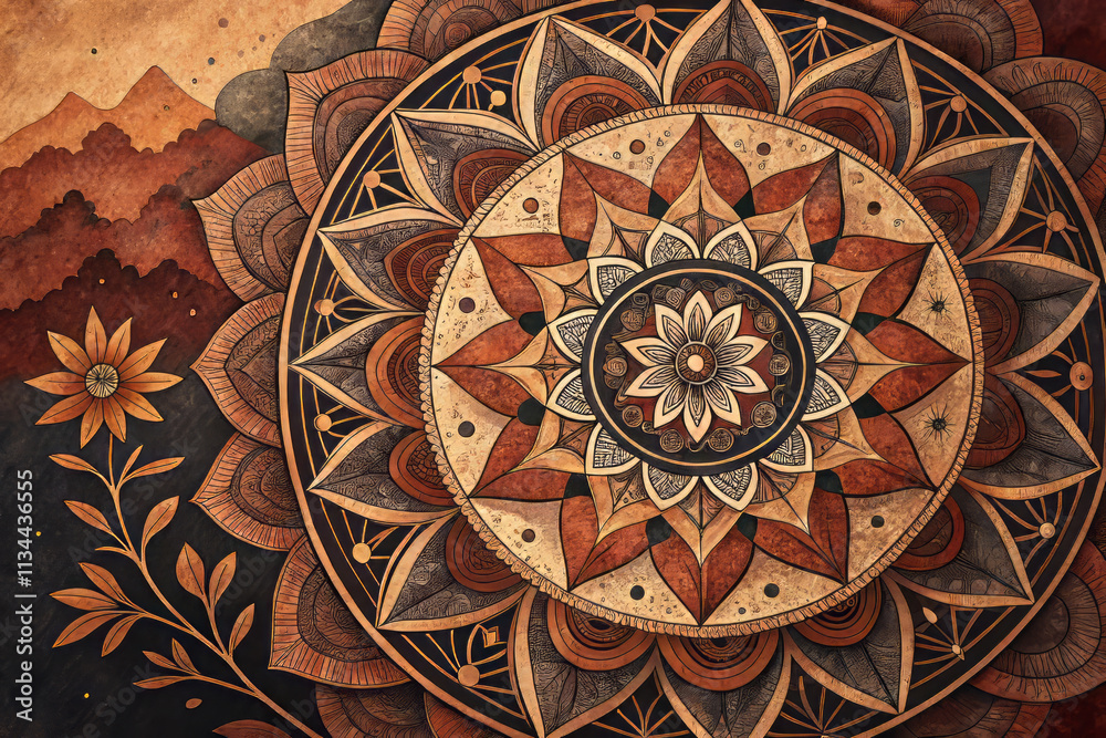 Obraz premium Intricate geometric mandala pattern featuring ornate circles in dark sienna and earth tones, evoking sense of harmony and balance in design
