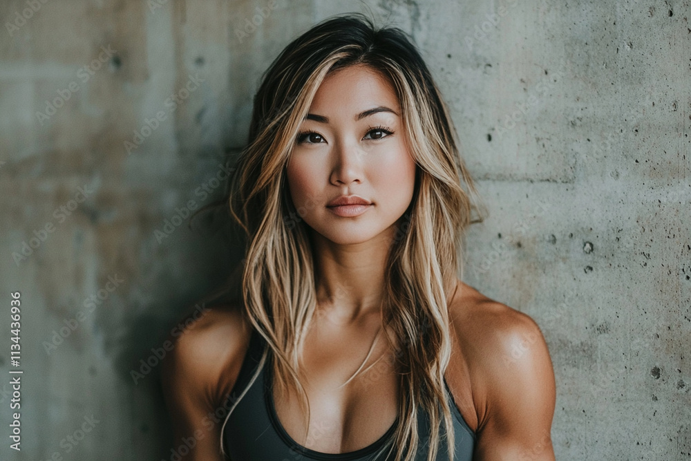 Striking fitness model against a concrete backdrop Striking fitness model against a concrete backdrop