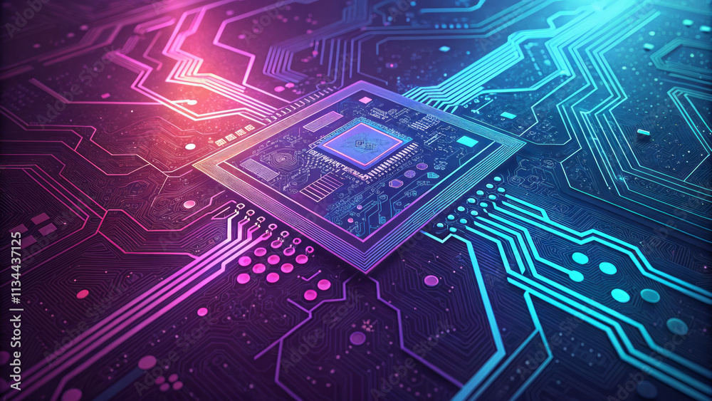 Futuristic circuit board with central processor, featuring vibrant neon colors and intricate geometric patterns, creating visually striking design Futuristic circuit board with central processor, featuring vibrant neon colors and intricate geometric patterns, creating visually striking design