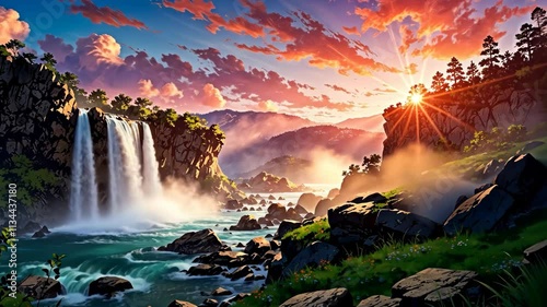 Video footage of vibrant sunset illuminates a serene landscape with a cascading waterfall, lush greenery, and mist rising from the river, creating a picturesque and tranquil scene