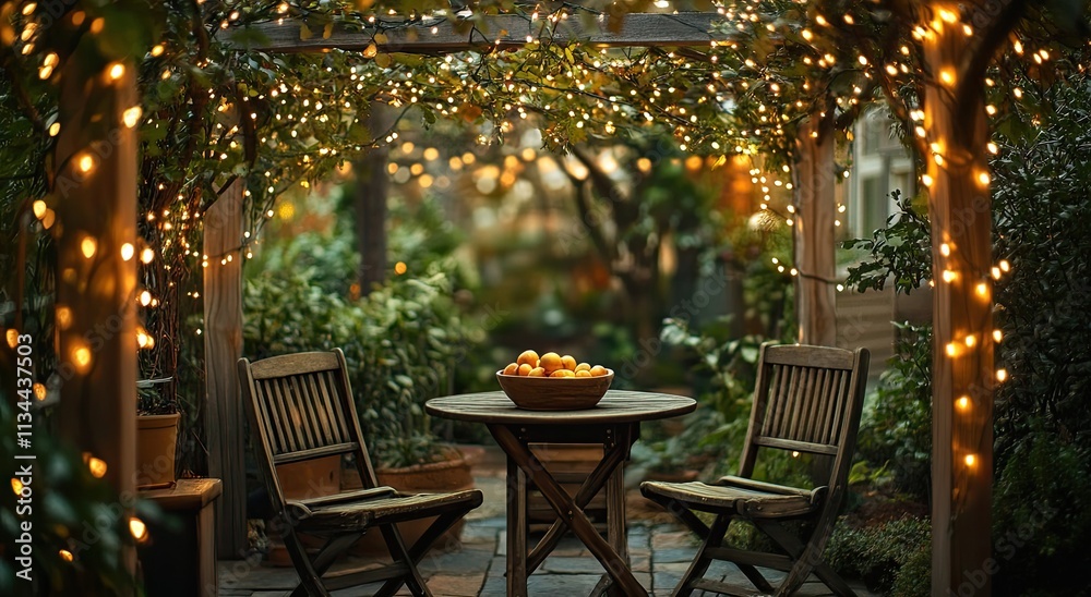 A cozy garden patio with twinkling fairy lights, lush greenery, and an outdoor table set for two A cozy garden patio with twinkling fairy lights, lush greenery, and an outdoor table set for two