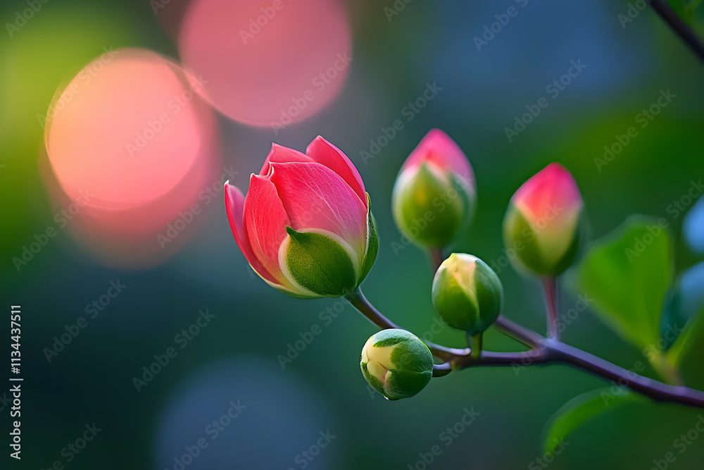 Close-up of a vibrant pink flower bud blooming on a branch with blurred background. Close-up of a vibrant pink flower bud blooming on a branch with blurred background.