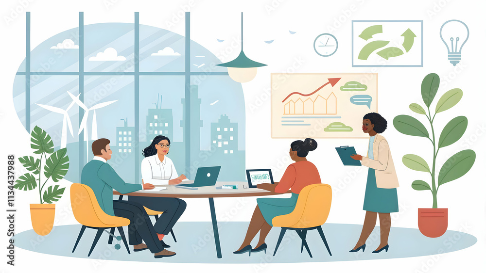 Diverse Business Team Collaborating on Sustainable Strategies in Modern Office for Eco-Friendly Practices Diverse Business Team Collaborating on Sustainable Strategies in Modern Office for Eco-Friendly Practices