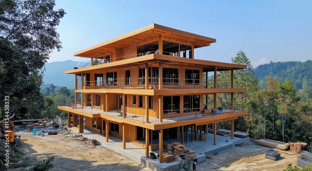A wooden structure in the midst of construction sits prominently in a forested landscape. Surrounding mountains create a serene backdrop as workers and materials fill the site. A wooden structure in the midst of construction sits prominently in a forested landscape. Surrounding mountains create a serene backdrop as workers and materials fill the site.