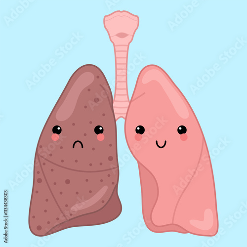 Lungs character. Healthy and sick lung. Vector illustration.