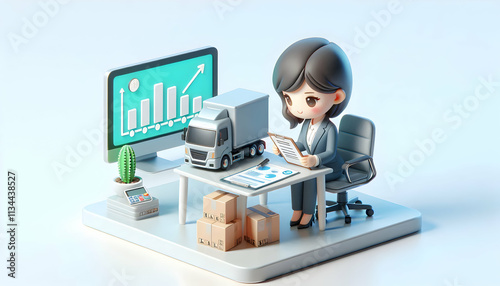 3D Transportation manager evaluating transport costs on plain background concept as Transportation manager evaluating transport costs and reviewing financial reports on a desk with a plain background  photo