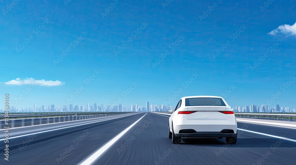 Electric cars electricity autonomous concept. A white car drives on a clear highway under a blue sky with distant city skyline. Electric cars electricity autonomous concept. A white car drives on a clear highway under a blue sky with distant city skyline.