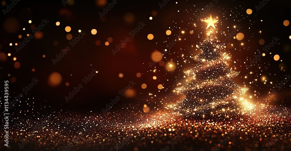 Obraz premium Red background with a golden Christmas tree made of glowing particles and glitter on a blurred