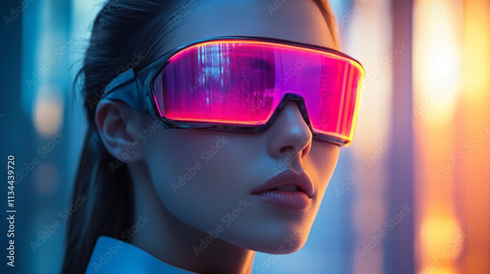 Stylish woman wearing bold pink visor sunglasses Stylish woman wearing bold pink visor sunglasses