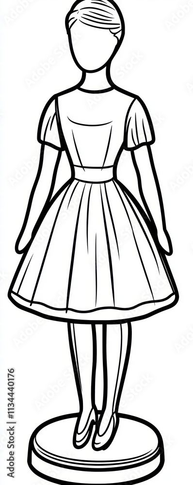 Line Art Illustration of a Girl in a Dress on a Pedestal Line Art Illustration of a Girl in a Dress on a Pedestal