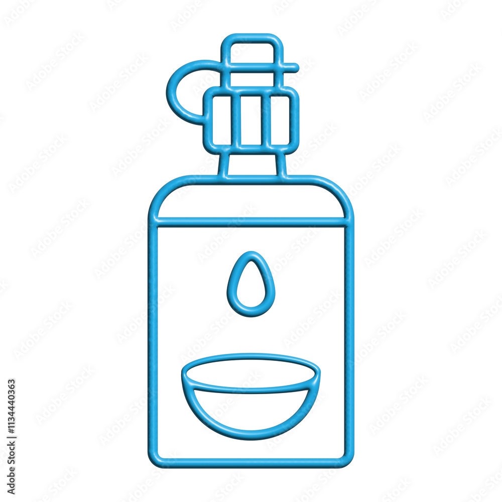 A 3D, multi-purpose saline solution, flat-style icon template, circle, and packing sticker design is blue on white. A 3D, multi-purpose saline solution, flat-style icon template, circle, and packing sticker design is blue on white.