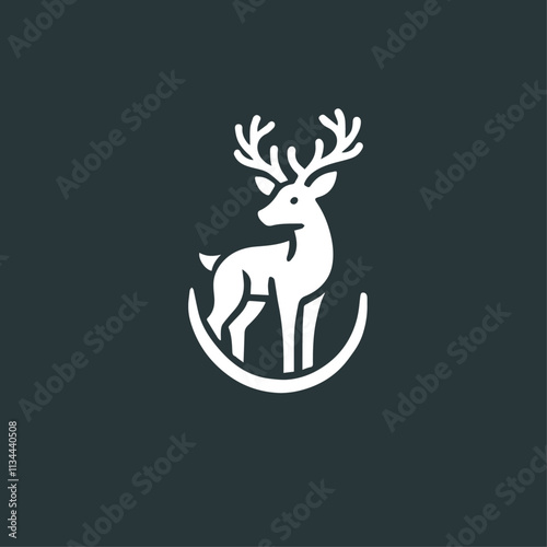 Elegant white deer head logo on a dark background. Deer Silhouette Logo with Circle Design - Wildlife and Nature Symbol. photo