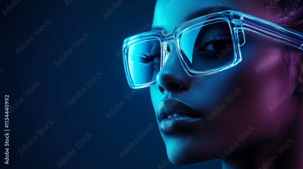 Close-up of a woman wearing blue futuristic glasses Close-up of a woman wearing blue futuristic glasses