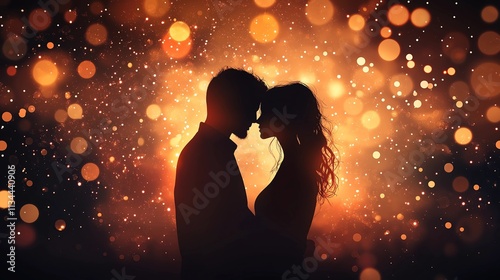 Silhouette of a couple in love on a dark background with bokeh and glow effect, Valentine's Day card