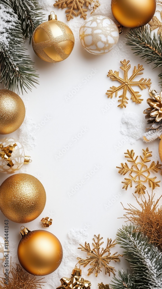 Fototapeta premium White background with gold Christmas decorations, including golden snowflakes and ornaments