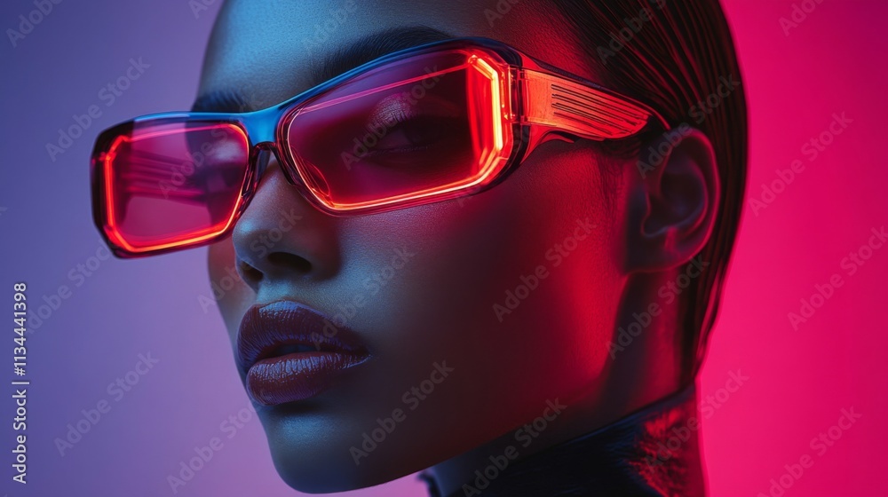 Close-up of a woman wearing red futuristic glasses Close-up of a woman wearing red futuristic glasses
