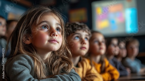 Children attentively watching a presentation in class