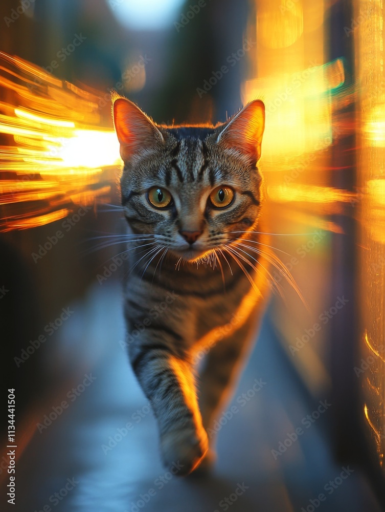 Cat with glowing orange fur in dramatic motion and lighting Cat with glowing orange fur in dramatic motion and lighting